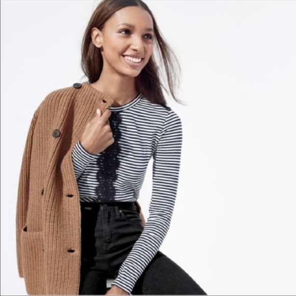 J. Crew Striped T-Shirt with Lace Trim Navy - Picture 3 of 5